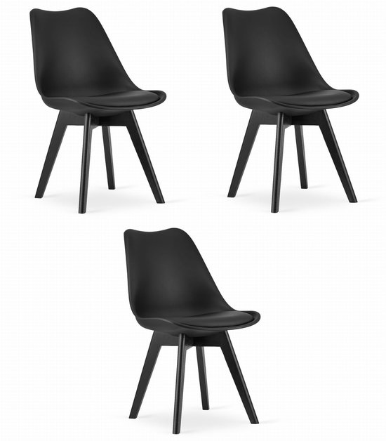 Set van 3 Stoelen MARK – Zwart, Zwarte Beukenhouten Poten, Kunststof Zitting met Kunstlederen Kussen, Strak Design, Ergonomisch, Geschikt voor Keuken, Eetkamer, Kantine en Werkruimte, Max. 120 kg