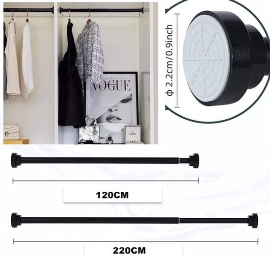 iBright Uitschuifbare Verstelbare Kledingroede - Telescopische Garderobestang Verstelbaar Van 120-220 CM - Kledingstang Roede Kast - Zwart