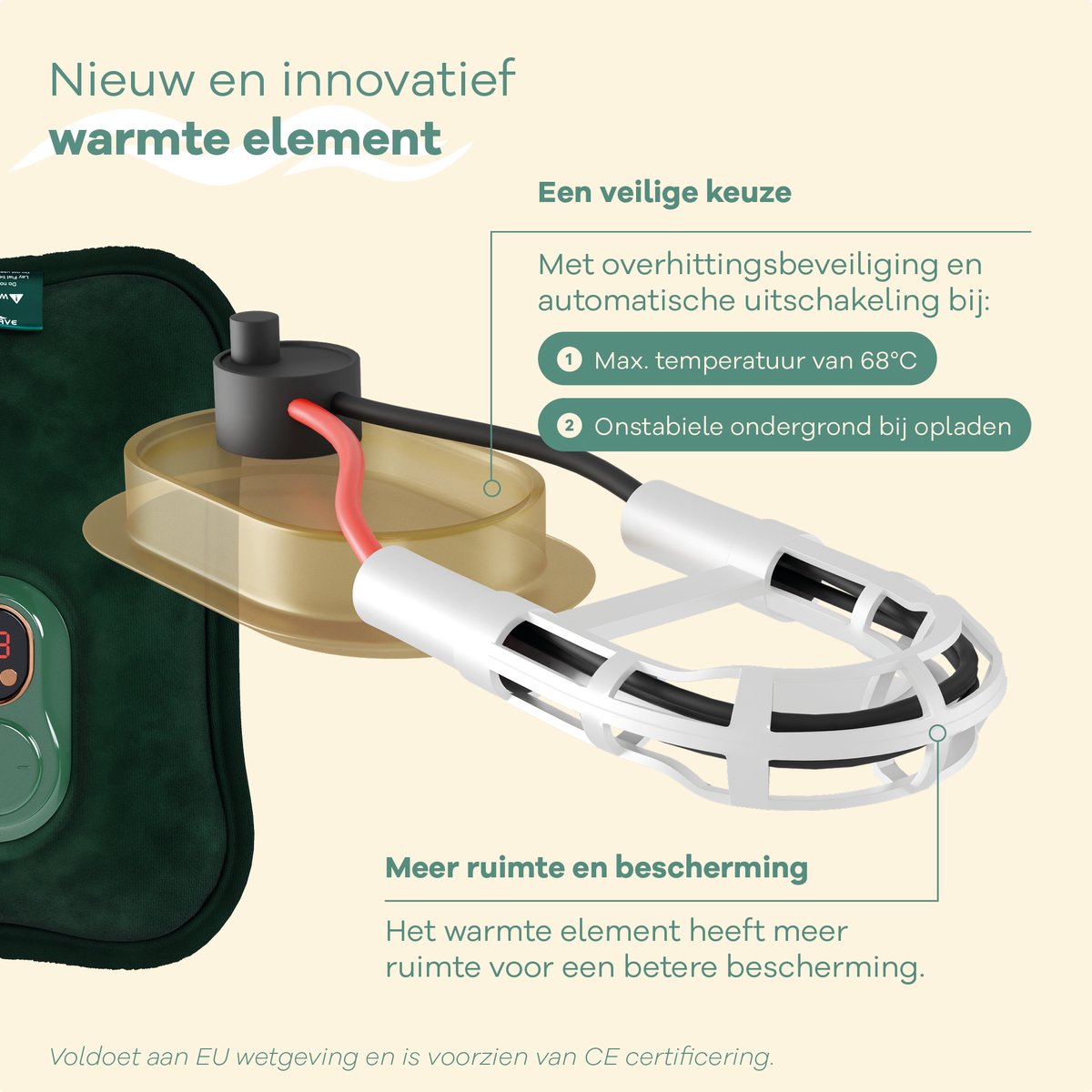 Zenwave Elektrische Kruik met Hoes - Digitaal Display - Warmtekruik & Waterkruik met Handwarmers - Oplaadbare Warmtekussen - Menstruatie Warmteband - Duurzaam & Draadloos - Kamperen & Outdoor - Warmwaterkruik Groen – foto 6