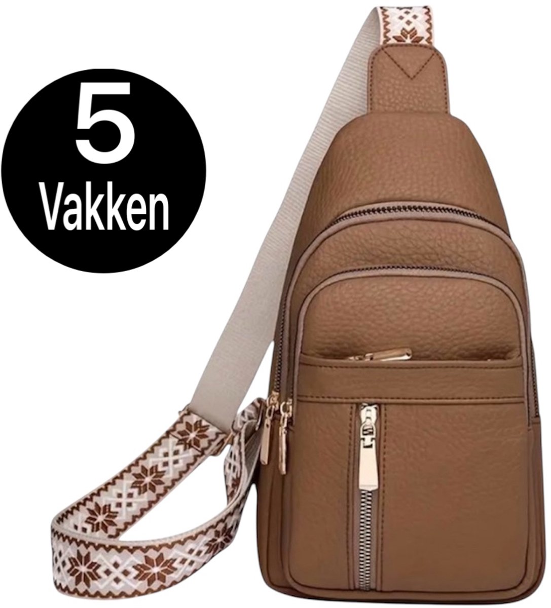 Twenty Two™ Crossbodytas voor dames | PU-Leer schoudertas met ritsen| anti-diefstalvak |5vakken| gouden hardware| slingbag | met verstelbare riem | casual/retro stijl| schoudertas dames | festival tasje |voor op reis, dagelijks gebruik | bruin/beige