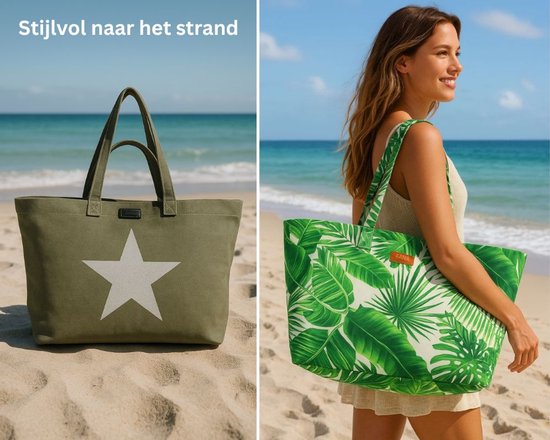 Groene canvastas met witte ster, gedragen door een model op het strand. Een andere tas is olijfgroen met een witte ster.