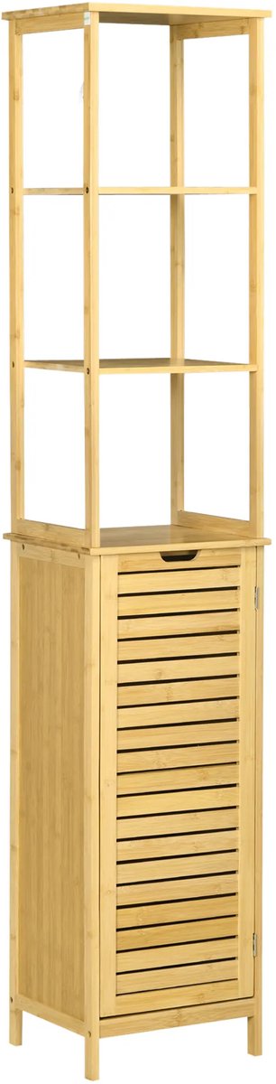 TRUUSK Badkamerkast Bambus - 34 x 30 x 173 cm - 3 Open Vakken - 1 Kast - Kantelbeveiliging - Handgreepopening - Vrijstaand -