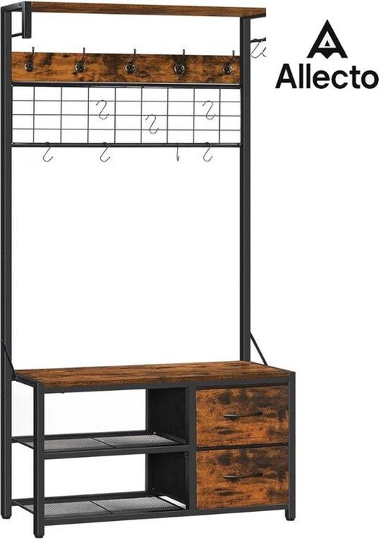 Kapstok vintage, industriële garderobe, schoenenrek met zitting, metalen frame