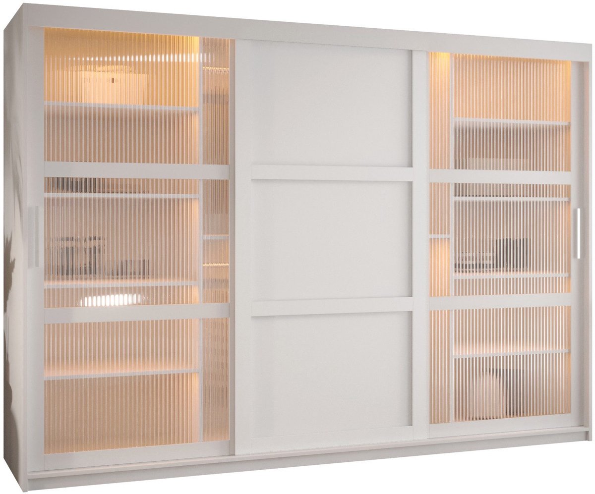 AJE Meubles B.V. Zweefdeurkast Kledingkast met 3 schuifdeuren glanzen slaapkamerkast Kledingstang met planken Garderobekast met geribbeld glas - ARTON 3 (250 cm, Wit)