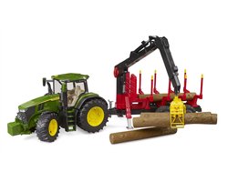 Bruder 03154 John Deere 7R 350 Tractor met Aanhanger en 4 Boomstammen - Realistische Details, Openende Deuren, Functionele Laadkraan, Geschikt voor Kinderen vanaf 3 Jaar
