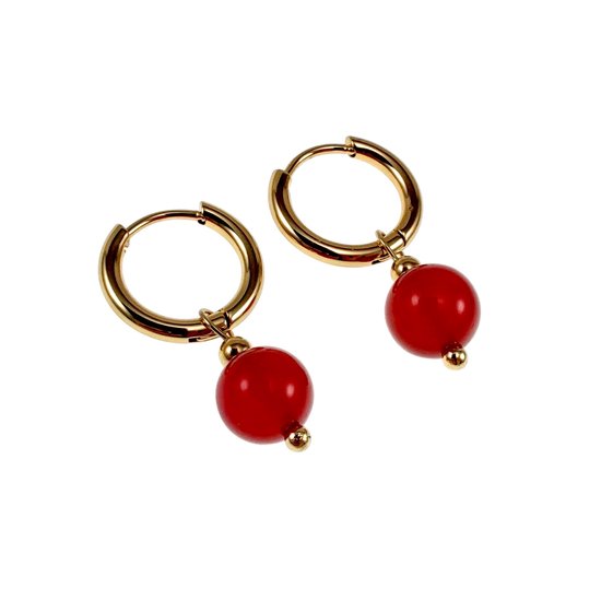 Boucles d'oreilles pour femme ∅14 mm x 2 mm - Acier inoxydable plaqué or - Boucles d'oreilles avec pendentif en agate cornaline rouge