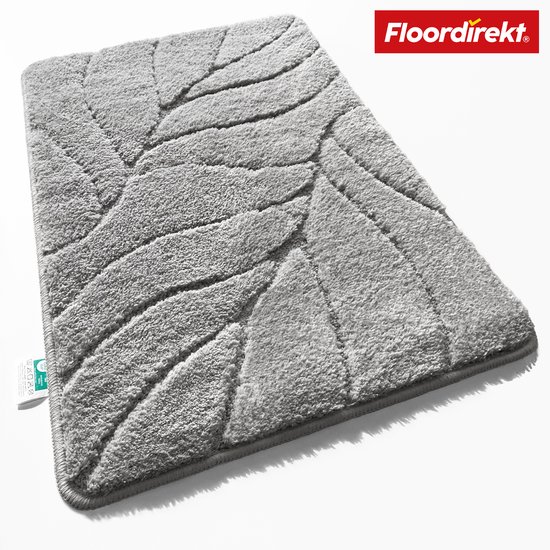FLOORDIREKT Badmat Maris - Pluizige Badmat met Bladstructuur - Verkrijgbaar in verschillende Kleuren en Maten - Zilver - 50 x 80 cm