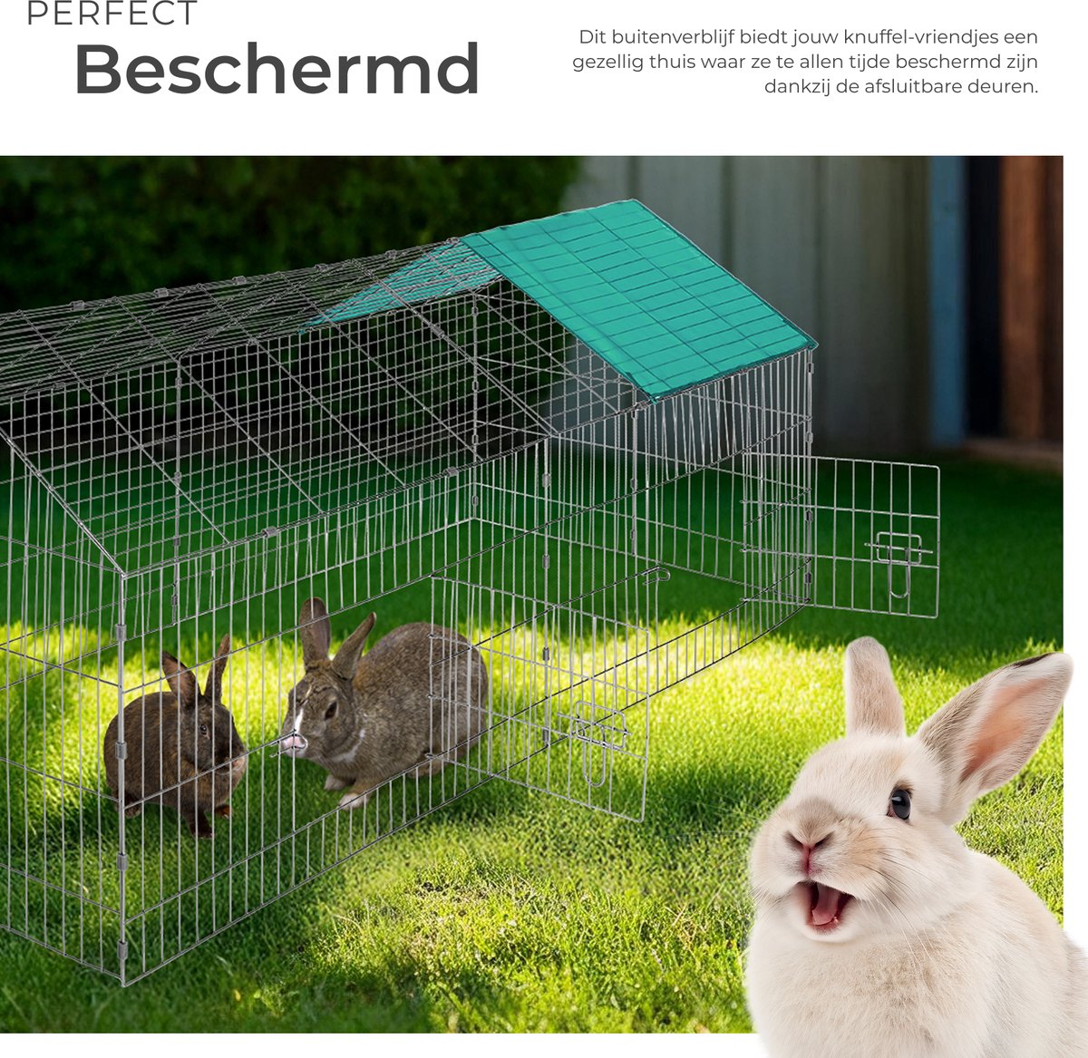 tectake® Konijnenverblijf - Konijnenren - Buitenverblijf met 2 afsluitbare deurtjes - Met zonwering - 180 x 75 x 75 cm - Snelle montage, verschillende maten mogelijk - Diverse kleuren - Groen thumbnail 4
