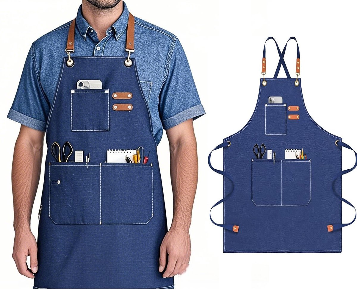 Schort voor mannen en vrouwen - Canvasschorten - Werkschorten voor Mannen en Vrouwen- Chef-kokschorten met Verstelbare Riem en 3 Zakken - Schort voor Servers, Keuken, Koken, Bakken, Kunstenaar, Schilderen, Gekruiste
