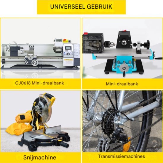 Illustraties van universeel gebruik van tandwielen op draaibanken, snijmachines en fietsen.