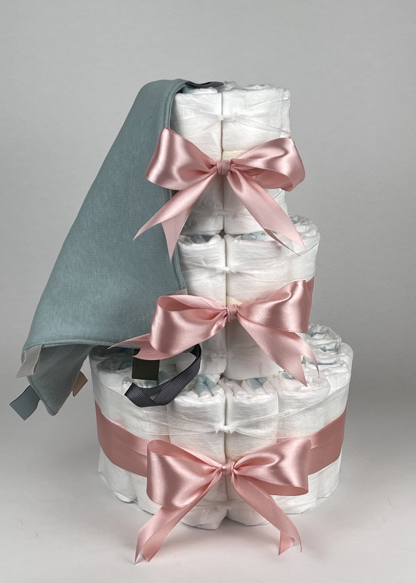 Chouette-Chouette | Luiertaart Meisje | Kraamcadeau | Geboorte | Babyshower | Knuffeldoek Labels Stone groen - donker Poeder Roze