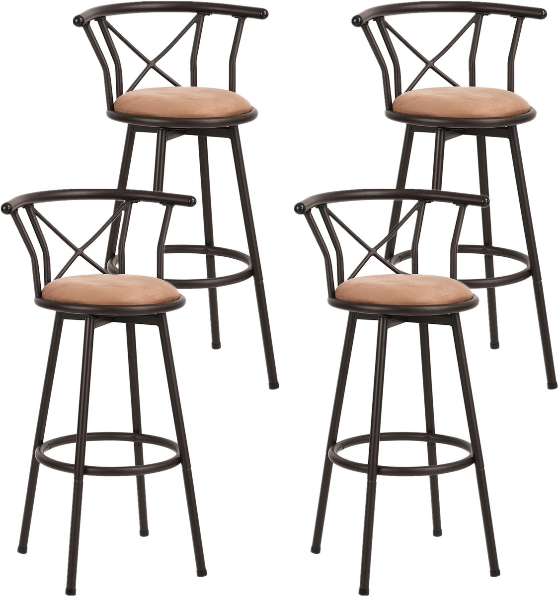 MEUBLES COSY Barkruk - Set van 4 360° Draaibare Barkrukken Vintage met Rugleuning met Voetsteun-Industrial-Hoogte 99.5cm Barstoel met stabiel stalen frame - Bruin