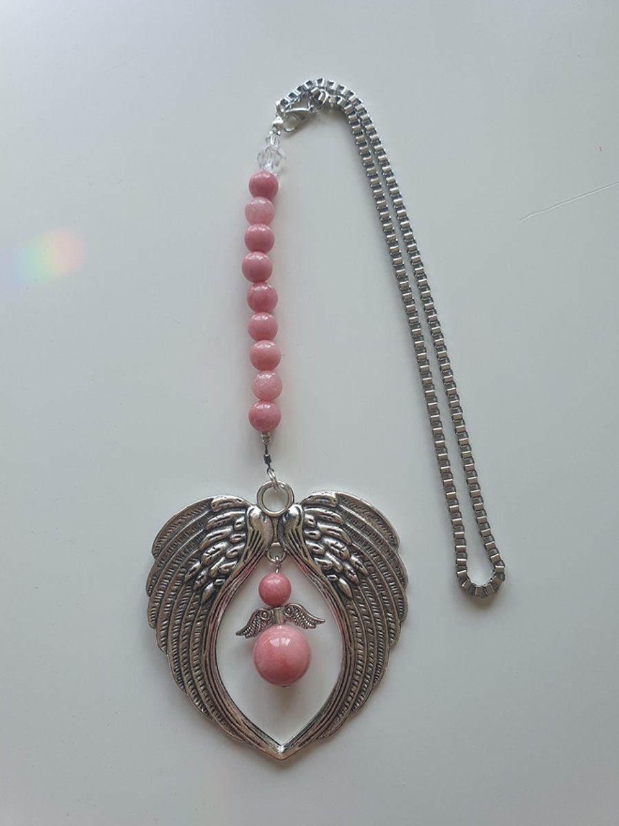 Guardian Angel Wings van Rose Chalcedoon Halfedelsteen kralen ( Auto hanger, Raamhanger ) bescherm engel, raam decoratie, meditatie engel, Feng Shui, Kerst engel, baby shower cadeau, kerst pakket cadeau, geluk engel