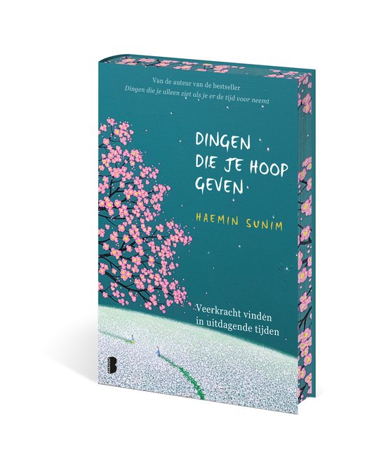 Couverture de livre avec des branches de fleurs roses sur fond vert, titrée 'Dingen die je hoop geven'.