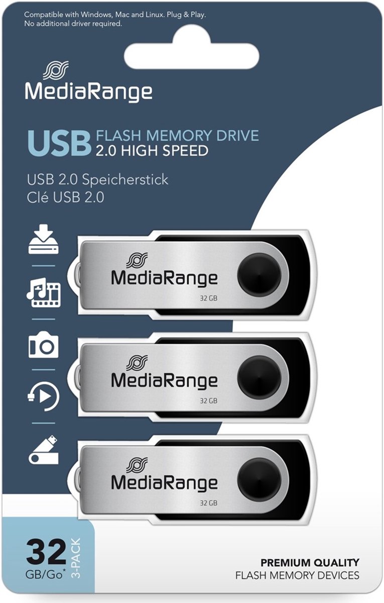 MediaRange | USB Stick | 32 GB | USB 2.0 | Twister | Zwart | 3 Stuks in verpakking