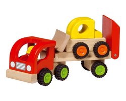 Houten voertuig: OPLEGGER met BULLDOZER 34x8,5x12,5cm, met rubberen banden, 2+