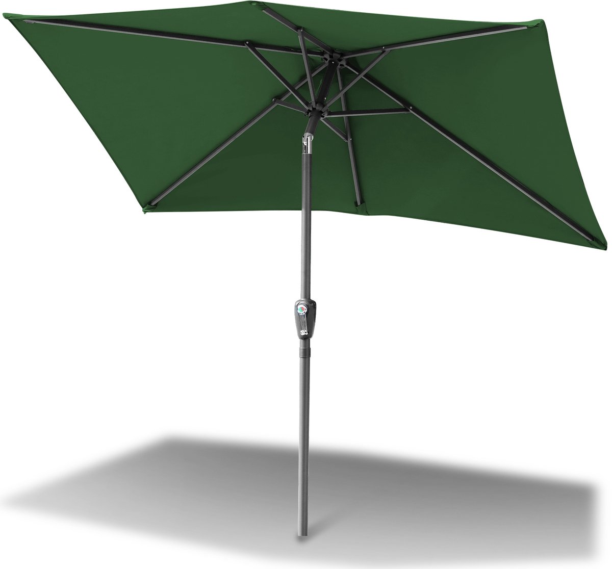Grote groene rechthoekige stokparasol met zwengelsysteem, ideaal voor zonwering op balkons, tuinen en terrassen.