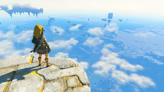 Link kijkt uit over een hemels landschap met wolken en zwevende eilanden vanaf de rand van een klif.