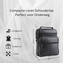 Afmetingen van compacte leren schoudertas: 16cm breed, 20cm hoog, 6cm diep. Lichtgewicht, echt leer, 2 liter inhoud.