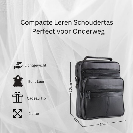 Afmetingen van compacte leren schoudertas: 16cm breed, 20cm hoog, 6cm diep. Lichtgewicht, echt leer, 2 liter inhoud.