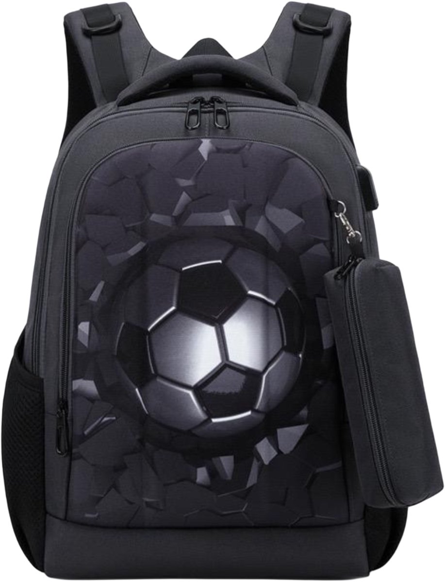 Cliste Rugzak Jongens - USB-Oplaadfunctie - Schoolrugzak - Rugtas Jongen, Schooltas Tiener Kind - Zwart - Voetbal