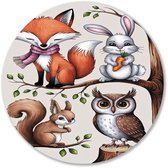 Vrolijke dieren in het bos - Dieren wanddecoratie rond - Rond wandpaneel vos - Digital Art - Design wandcirkel aluminium - Kunstwerk - muurcirkel aluminium 40x40 cm
