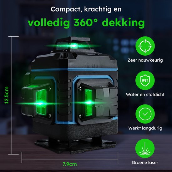 Compacte zwarte 4D kruislijnlaser met blauwe accenten, meet 7.9cm x 12.5cm, projecteert 360° groene laserlijnen. Water- en stofbestendig (IP54).