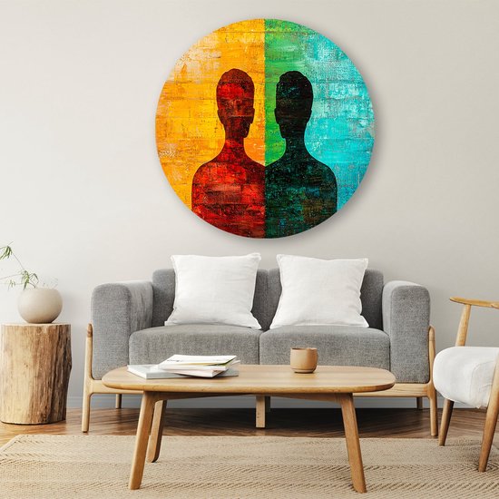 Kleurrijke silhouetten op abstracte achtergrond - Silhouet wanddecoratie rond - Wandbord figuren - Abstract expressionisme - Design muurcirkel - Woonaccessoires - muurcirkel aluminium 80x80 cm