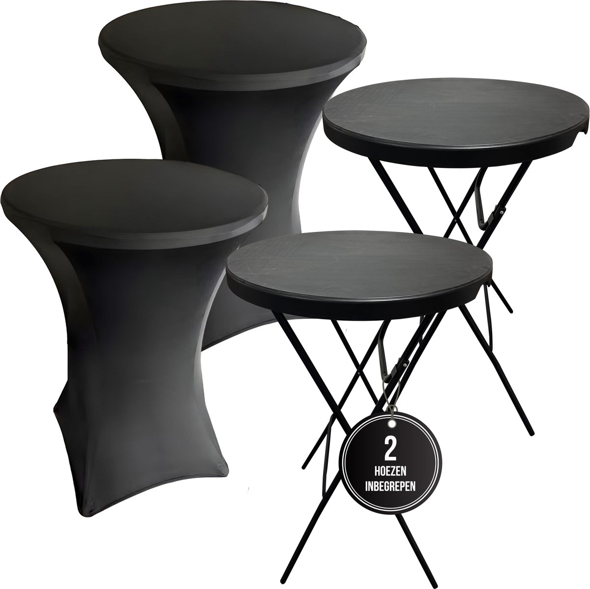 IvoQ 2x Zwarte Statafel + 2x Zwarte Statafelrok - Inklapbaar - Ø80x110 cm - Partytafel / Staantafel Rond - Cocktailtafel voor Binnen & Buiten