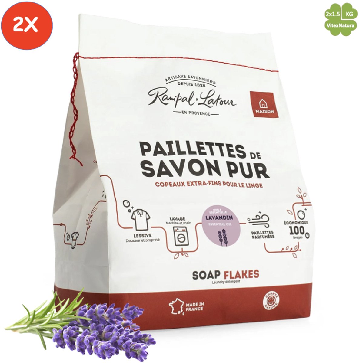 Marseille zeepvlokken lavendel 2x 1.5 kg | Rampal Latour | Zuinig Ecologisch Milieuvriendelijk Hypoallergeen | Zonder conserveermiddel