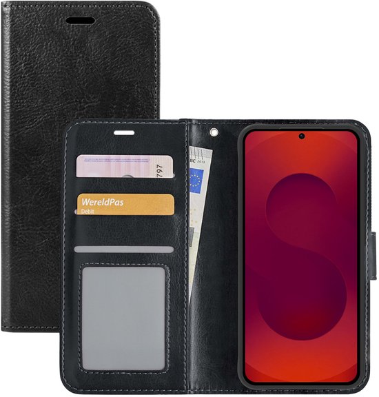 Étui portefeuille noir avec porte-cartes et compartiment pour argent. Téléphone avec fond rouge.