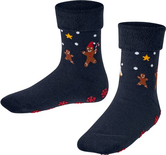 Donkerblauwe enkelsokken met omgeslagen boord, gingerbreadmannetjes, sterren en sneeuwvlokken.