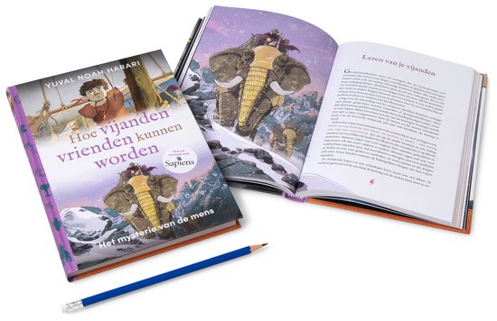 Een open kinderboek 'Hoe vijanden vrienden kunnen worden' van Yuval Noah Harari, met een illustratie van olifanten in de sneeuw, en een potlood.