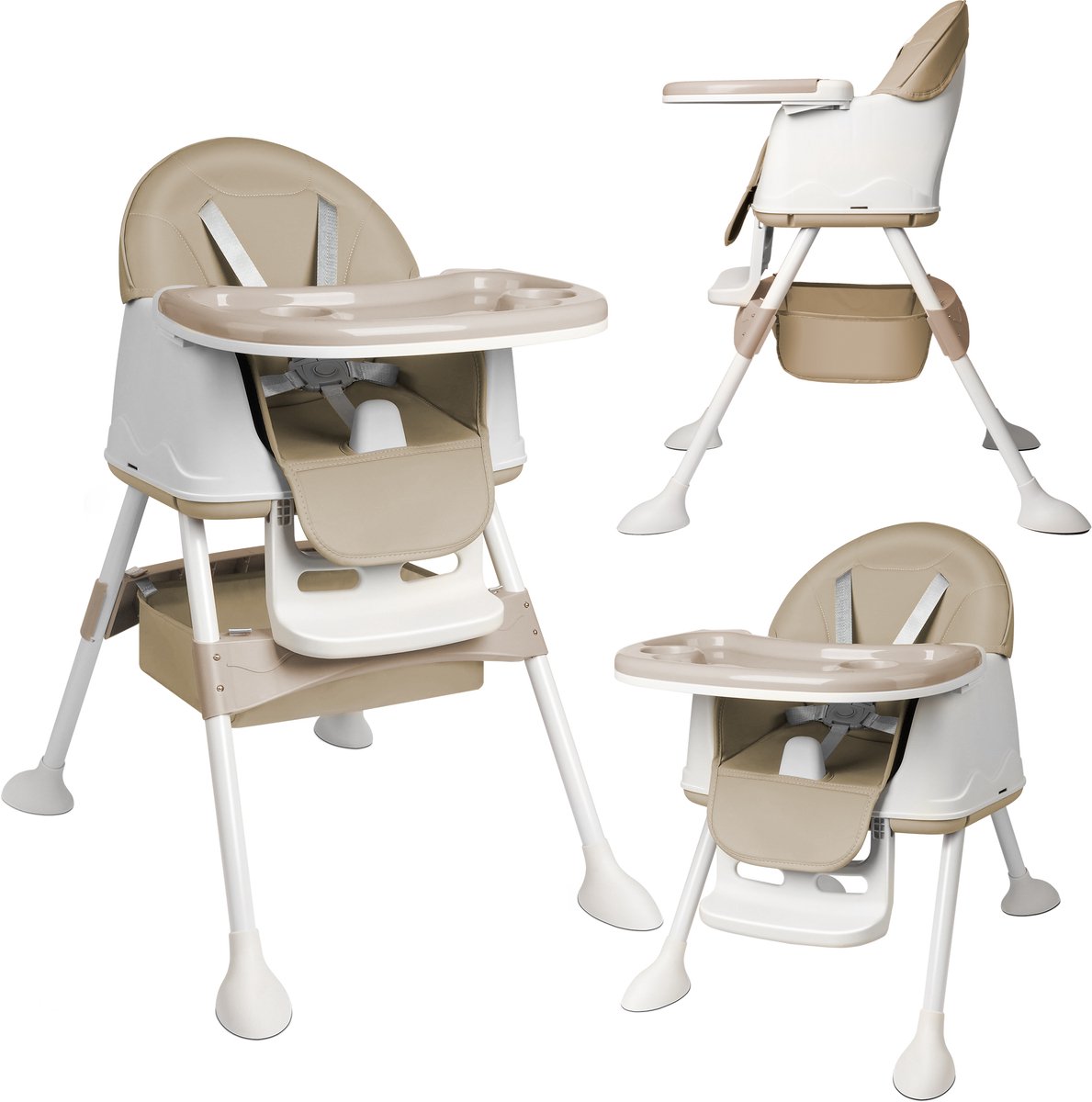 NAIZY Kinderstoel Babystoel 3-in-1 Multifunctionele Eetkamerstoel met 5-punts veiligheidsgordel, Dubbel Blad en Afneembaar Kussen, Beige