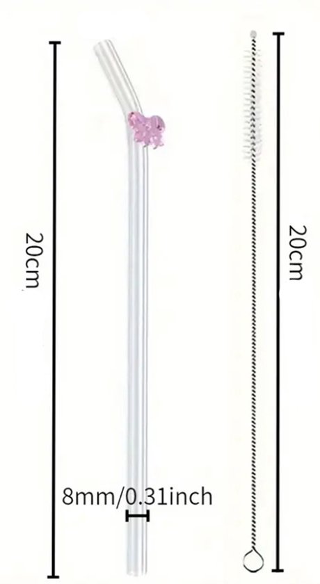 Glazen rietje met roze strikdecoratie, 20cm lang, 8mm breed, met schoonmaakborstel.