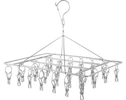 RVS kledingdroogrek met 20 clips - Draaibare hanger voor ondergoeddroger - Met winddichte haken - Geschikt voor handdoeken, bh's, handschoenen en babykleding - Geschikt voor binnen- en buitengebruik - Zilver