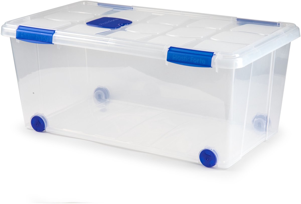 Plasticforte Opslagbox - 1x stuks - met deksel - 61L - 73 x 41 x 32 cm - transparant - opbergbak - met wielen