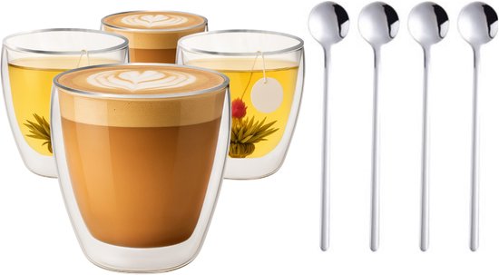 Verres à thé Trends Verres à thé à double paroi avec cuillère - Set de Verres à café - 250 ml - 4 pièces - Verres à Cappuccino - Verre à thé à double paroi