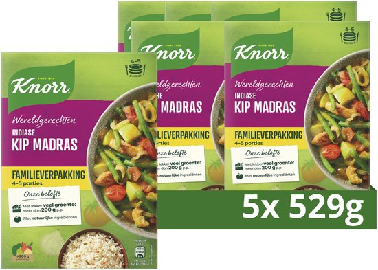 Knorr Wereldgerechten Maaltijdpakket - Indiase Kip Madras XXL - snel, makkelijk en met lekker veel groente - 5 x 529 g