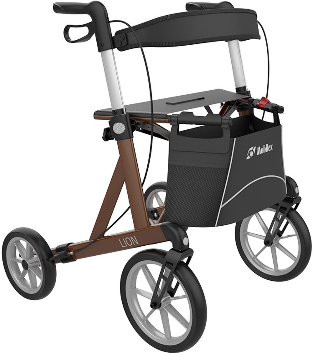 Mobilex Lion - Lichtgewicht rollator - Comfort banden - Zithoogte 62 cm - Opvouwbaar - Inclusief tas, rugband en stokhouder - Bruin