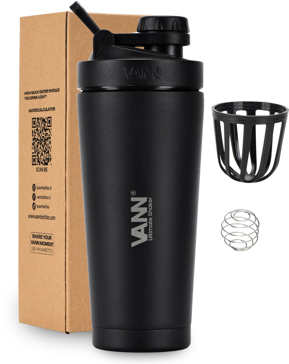 Goedkoopste VANN® 3-wandige RVS shakebeker 750 ML - Premium Proteïne & Eiwit Shaker - ULTIMATE SHAKER™ - 12 uur koud - zwart