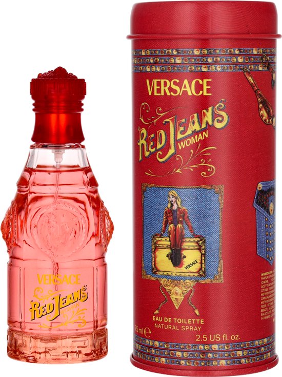 De rode blik met een transparante fles eau de toilette Red Jeans Woman van Versace. De fles is gevuld met roze vloeistof.
