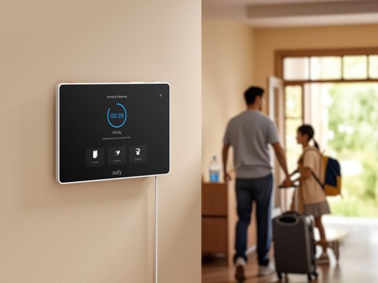 Eufy smart display op een muur met "Away" instelling en een gezin dat vertrekt. Wit display met zwarte rand en rode accenten.