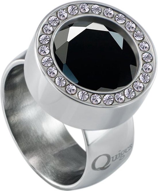 Quiges RVS Schroefsysteem Ring met Zirkonia Zilverkleurig Glans 19mm met Verwisselbare Geslepen Zirkonia Zwart 12mm Mini Munt