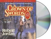 Audioboek met CD: Robert Jordan's "A Crown of Swords", boek 7 van The Wheel of Time. Een man in een tuniek staat voor een stenen gebouw.