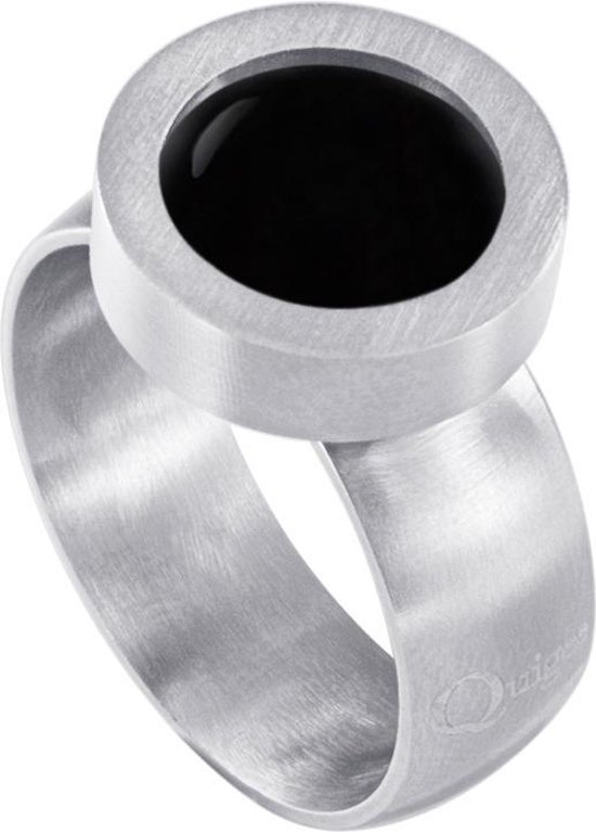 Quiges RVS Schroefsysteem Ring Zilverkleurig Mat 16mm met Verwisselbare Agaat Zwart 12mm Mini Munt