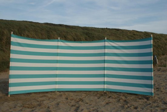 legaal In de omgeving van logo Strand Windscherm 4 meter Dralon Turquoise/wit met houten stokken | bol.com
