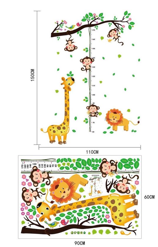 Muursticker aapjes giraffe groeimeter - hoogtemeter sticker - kinderkamer - babykamer