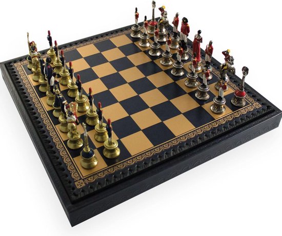 Luxe schaakset - Napoleon stukken handgeschilderd goud zilver met opbergbox blauw goud (+ backgammon)