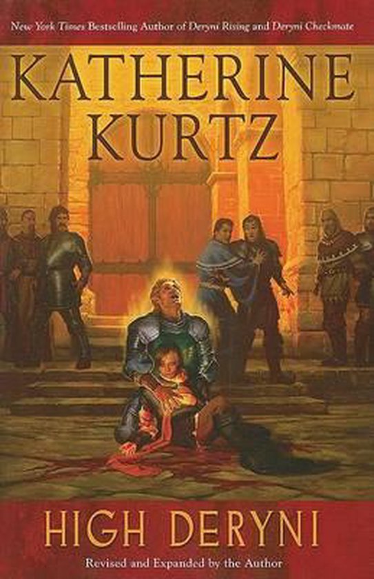 Couverture du livre 'High Deryni' par Katherine Kurtz. Un chevalier en armure s'agenouille avec un enfant sur ses genoux, entouré d'autres personnages en costume médiéval.